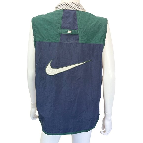 Nike Mens Vintage Sleeveless Windbreaker Vest Green Navy Large Zipper Pockets - Picture 2 of 4
